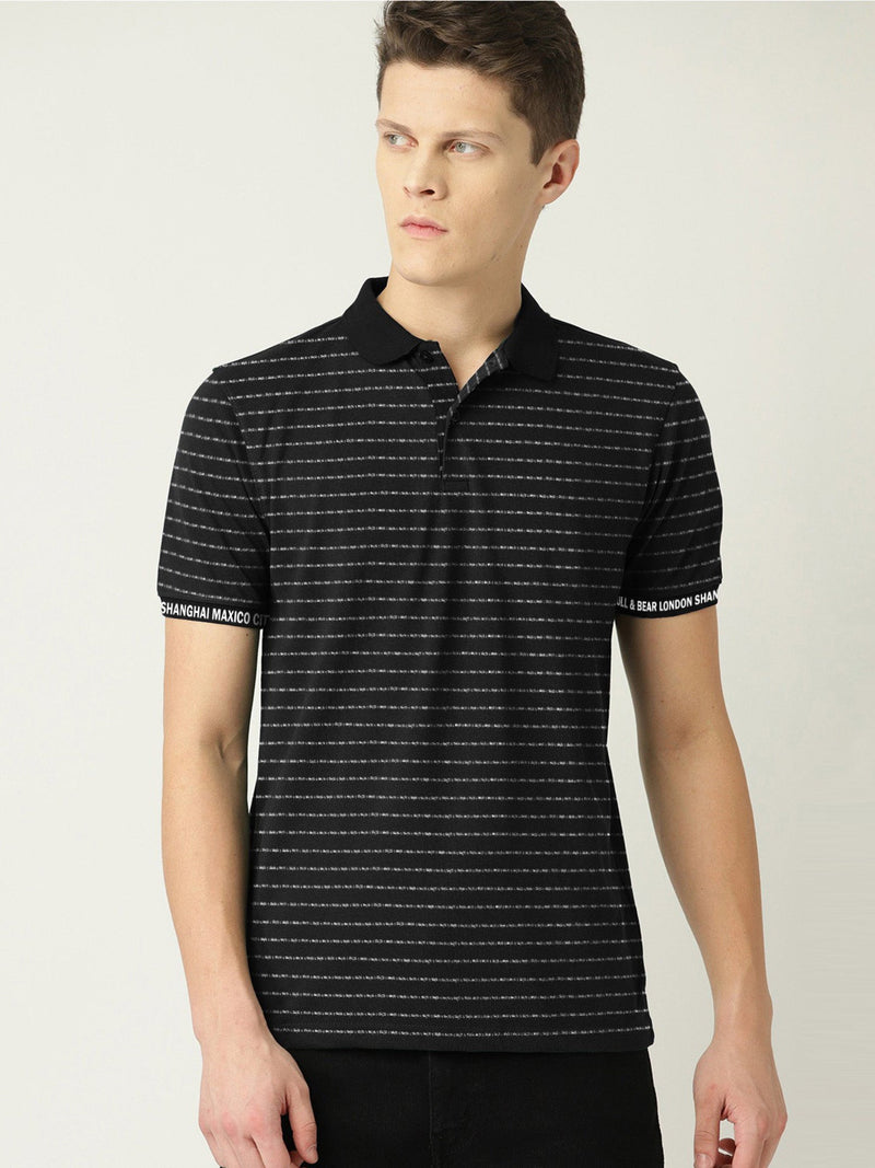 Summer Polo Shirt For Men-Black with White Stripe-LOC00150