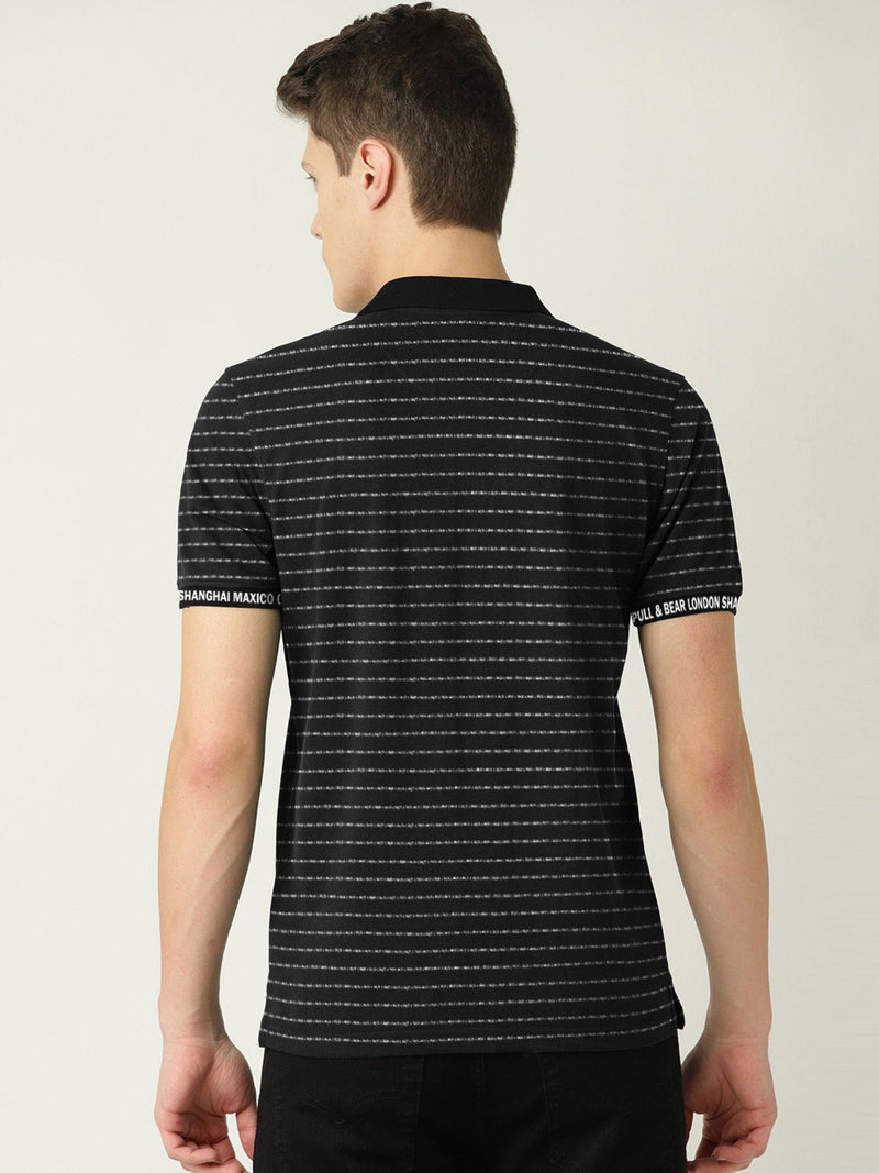 Summer Polo Shirt For Men-Black with White Stripe-LOC00150