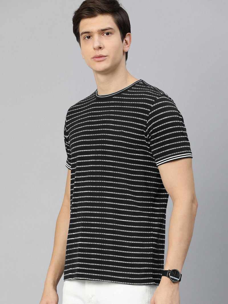 Summer Tee Shirt For Men-Black With White Lining-LOC27