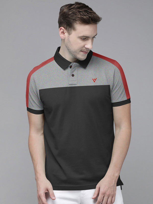 Summer Polo Shirt For Men-Grey Melange With Black & Red-LOC0040