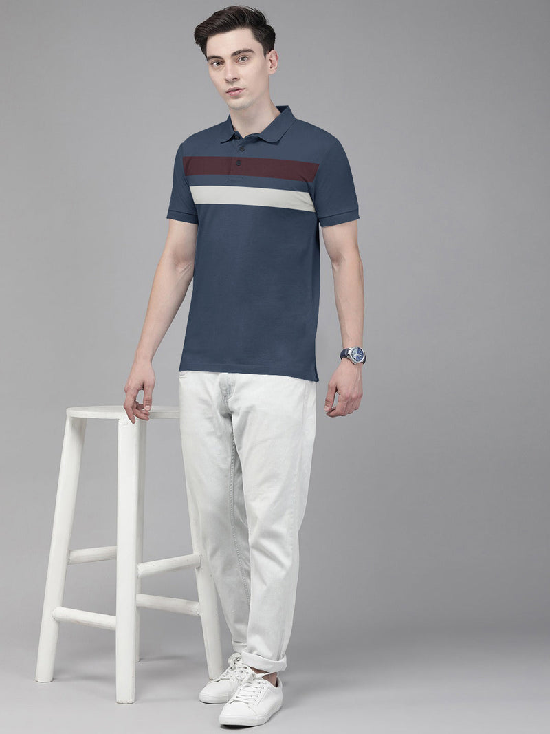 Summer Polo Shirt For Men-Navy With Panels-LOC0080