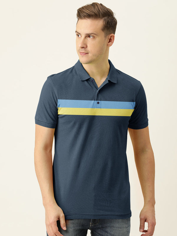 Summer Polo Shirt For Men-Navy With Panels-LOC0079